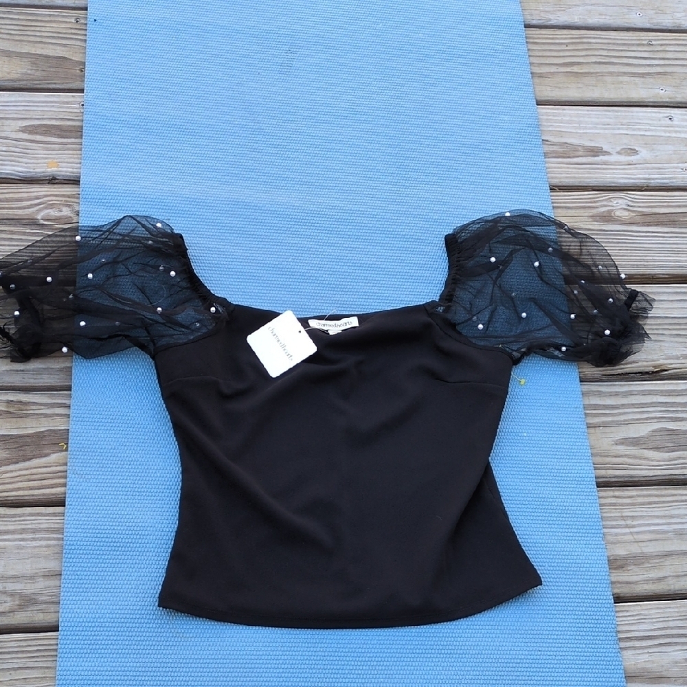 Chic Black Mesh Sleeve Blouse